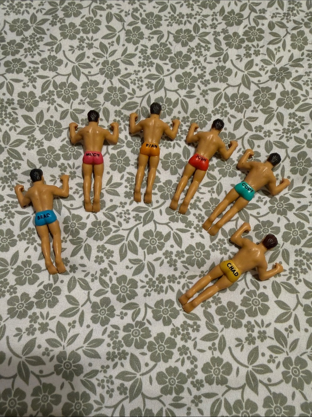 Set of 7 Novelty Mini Male Figures in Colorful Briefs wine glass charm